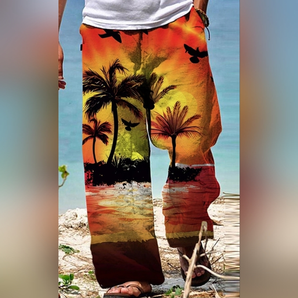 Men's Tropical Sunset Print Beach Pants - Orange
